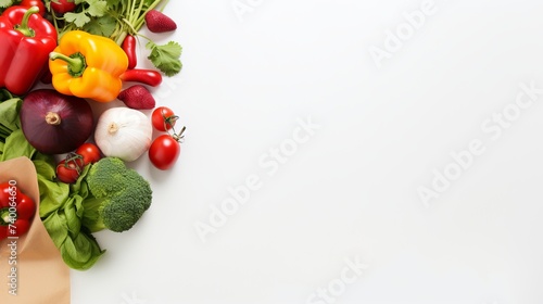 Healthy food background. Healthy vegan vegetarian food in paper bag vegetables and fruits on white, copy space, banner. Shopping food supermarket and clean vegan eating concept