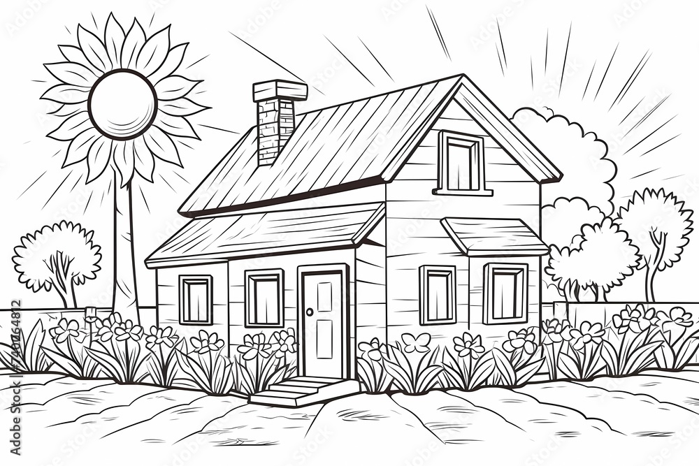 printable picture, coloring book with cozy buildings