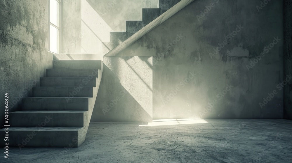 Empty modern concrete room with staircase and indirect lighting from top. 3d rendering background - obrazy, fototapety, plakaty 