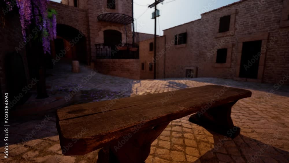 A Scenic Wooden Bench in Front of an Old Italian Building A Scenic Wooden Bench in Front of an Old Italian Building