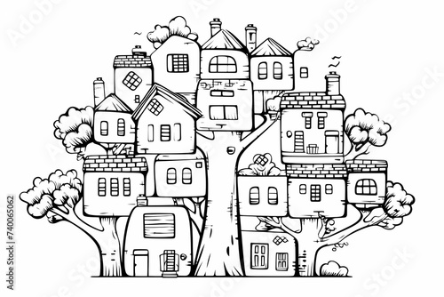 printable picture, coloring book with cozy buildings © Nikita44