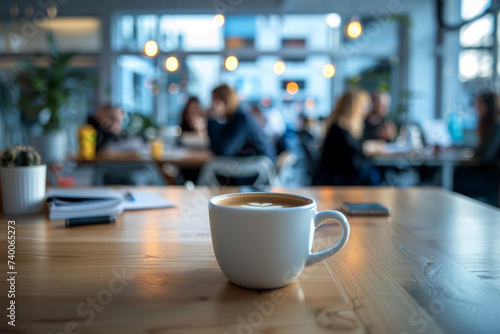 Coffee cup close-up on the table. Coffee break in cafe. Cappuccino cup on the table. People in the blurred background.