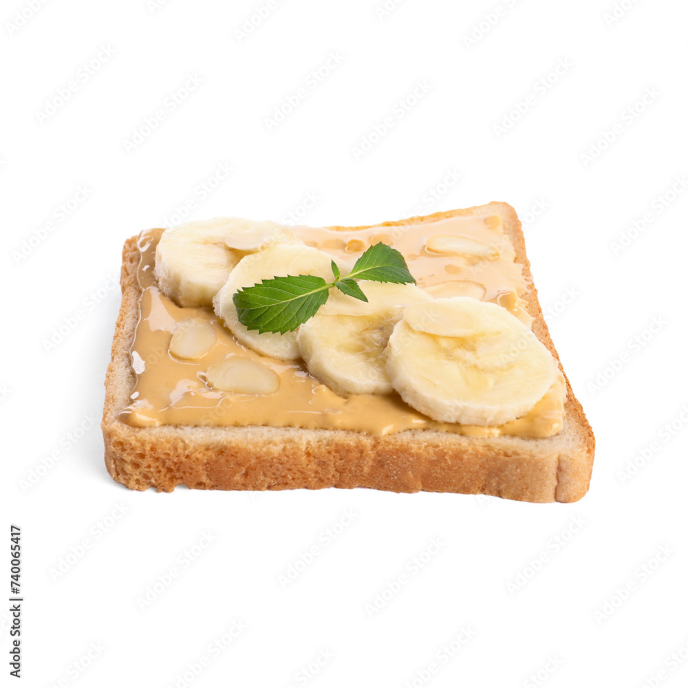 Toast with tasty nut butter, banana slices and almond flakes isolated on white Toast with tasty nut butter, banana slices and almond flakes isolated on white