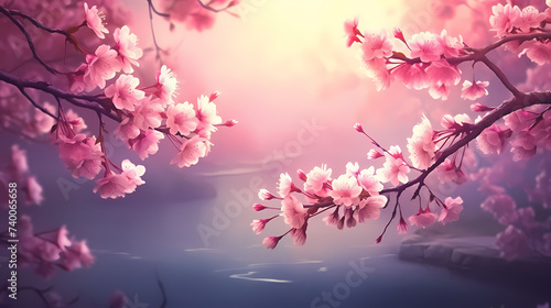 Cherry blossoms in full bloom create a soft and dreamy atmosphere