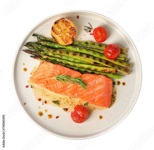 Tasty grilled salmon with tomatoes, asparagus and spices isolated on white, top view