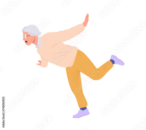 Isolated senior woman cartoon character losing balance falling down feeling dizziness or stumbling