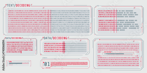 Data entry and text decoding on futuristic interface screen.