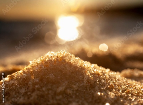 Beach sand macro photography background with the sea blurred on the background, with copy space for text.
