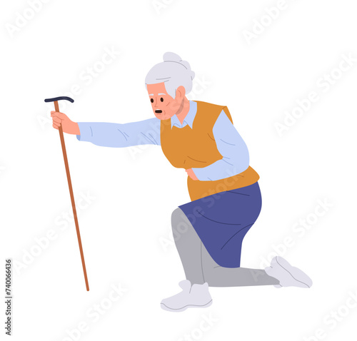 Elderly retired woman cartoon character with cane feeling unwell stomach ache or heart attack