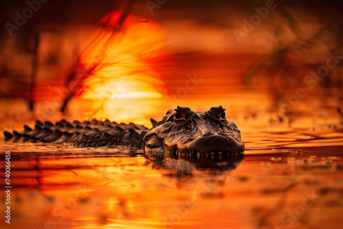 American Alligator Submerged in Mangrove Forest at Sunset