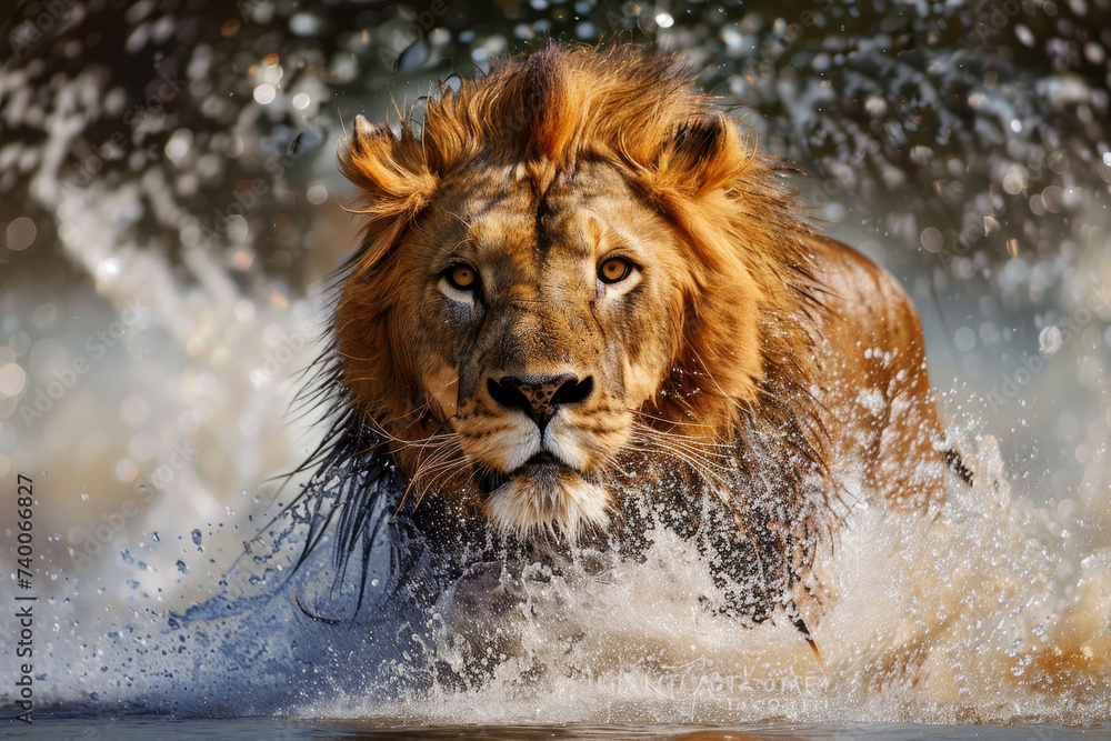 Majestic lion charging through water with a fierce gaze, splashes around, perfect for wildlife themes. Majestic lion charging through water with a fierce gaze, splashes around, perfect for wildlife themes.