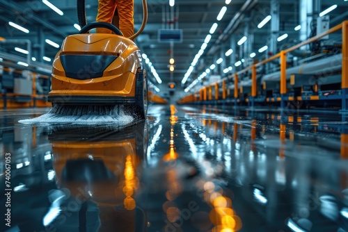 Floor scrubber machine cleaning with efficiency in an industrial setting. photo