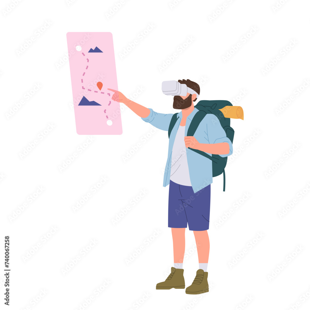Man traveler cartoon character wearing vr glasses enjoying trip in augment reality isolated on white Man traveler cartoon character wearing vr glasses enjoying trip in augment reality isolated on white