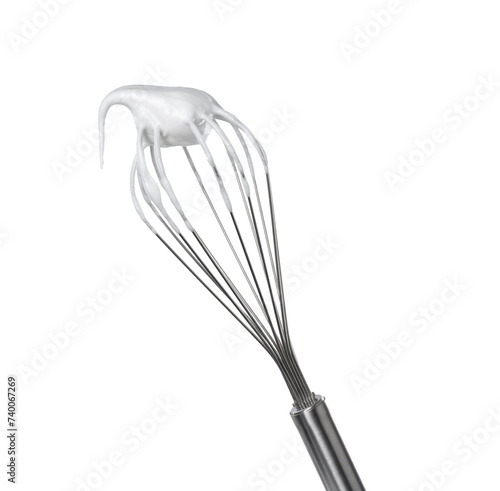 Whisk with whipped egg whites isolated on white