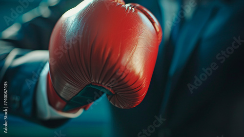 close up of boxing gloves in the background of the punching bag © Aram
