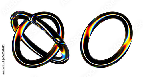 Futuristic rings 3D illustration, modern geometric shape background, glass dispersion effect photo
