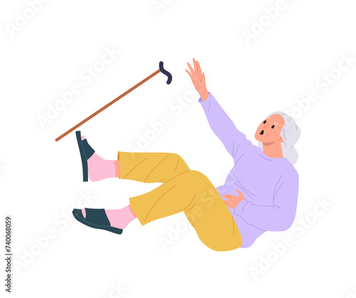 Elderly woman cartoon character with cane falling down and screaming from fear isolated on white