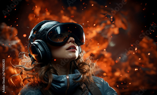 A young woman in a VR headset looks up with admiration and surprise on a colorful unreal background. Augmented reality technologies, Virtual world of the future. Copy space