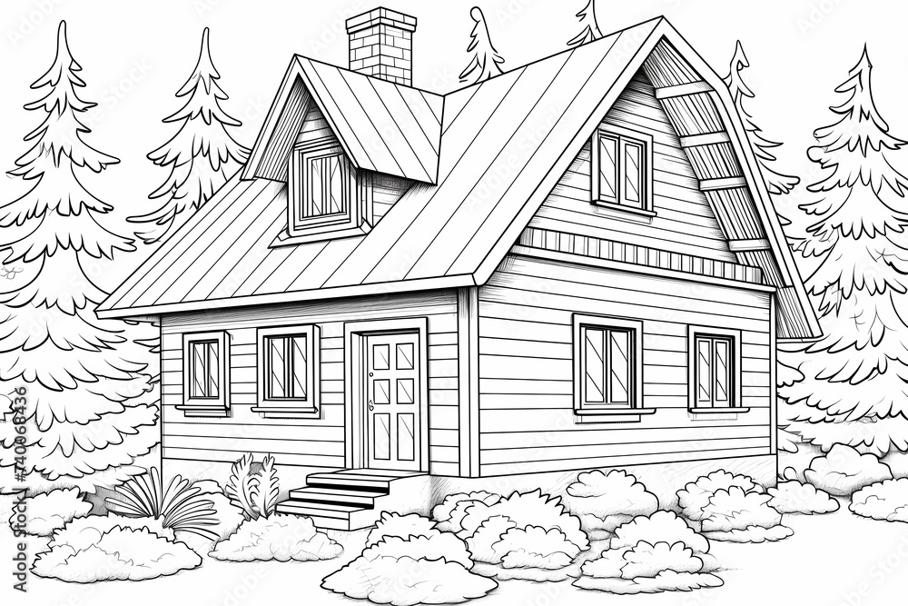 printable picture, coloring book with cozy buildings