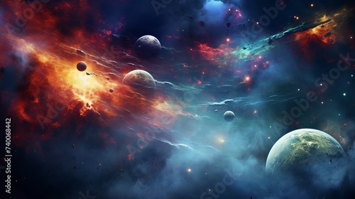 Planets over the nebulae in space
