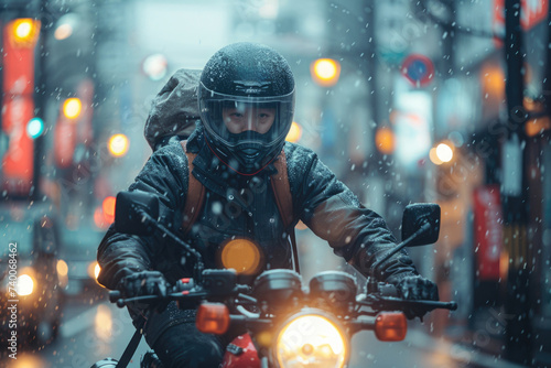 Motorcycle Courier Delivering in Snowy Urban Landscape