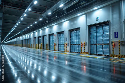 Photo Modern, illuminated warehouse with multiple loading docks and a polished, reflective floor
