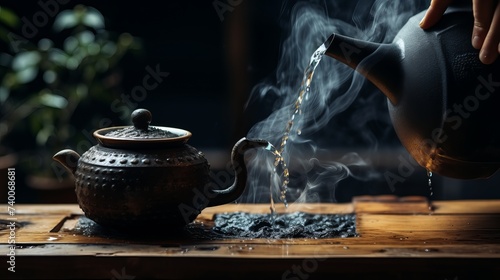 Process brewing tea,tea ceremony,Cup of freshly brewed fruit and herbal tea, dark mood.Hot water is poured from the kettle into a cup with tea leaves