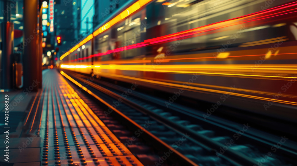 close-up, train movement on the platform on the railway, evening glow at long exposure frozen light from lanterns close-up, train movement on the platform on the railway, evening glow at long exposure frozen light from lanterns