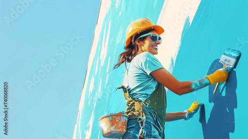 Happy Worker Painting Wall: Illustration for Renovation Services Advertisement photo