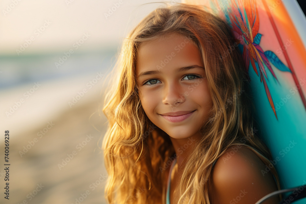 Generative ai photography of happy sporty person professional surfer swimming on surfboard on sea waves Generative ai photography of happy sporty person professional surfer swimming on surfboard on sea waves