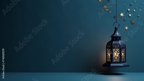 Ramadan Kareem background banner. Islamic Greeting Cards for Muslim Holidays and Ramadan. Blue banner with moon and lantern photo