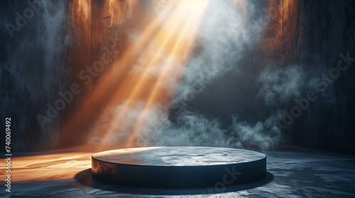 Mystical scene with a stone pedestal, illuminated by divine light amidst the fog photo