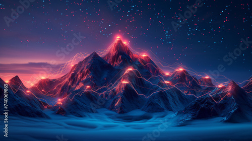A mystical mountain range under a starry sky, illuminated by neon lines and lights.
