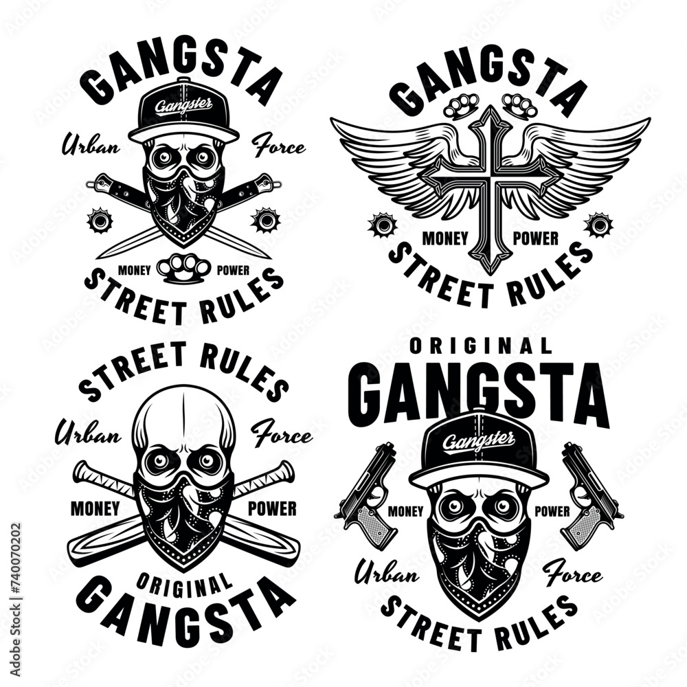 Gangsta set of vector criminal emblems, labels, badges or prints in monochrome style. Illustration on white background