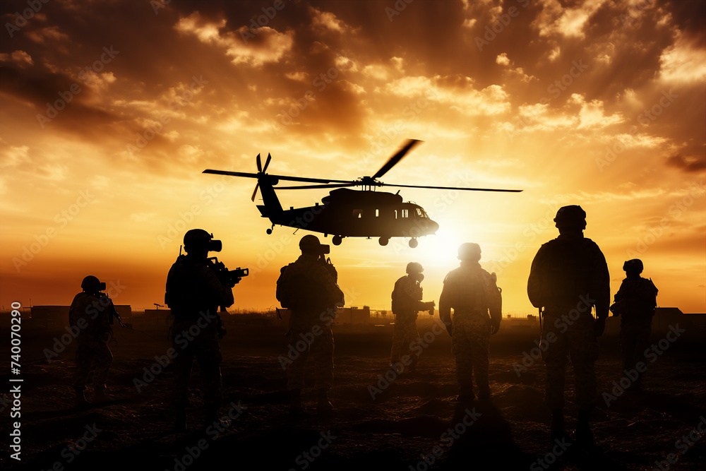Armed and strong soldiers of special forces fighting against aggressors on sunset background made with generative AI