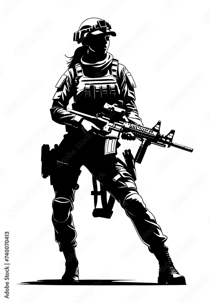 Female Soldier Silhouette – Armed Warrior Woman in Tactical Gear ¥ Female Soldier Silhouette – Armed Warrior Woman in Tactical Gear ¥