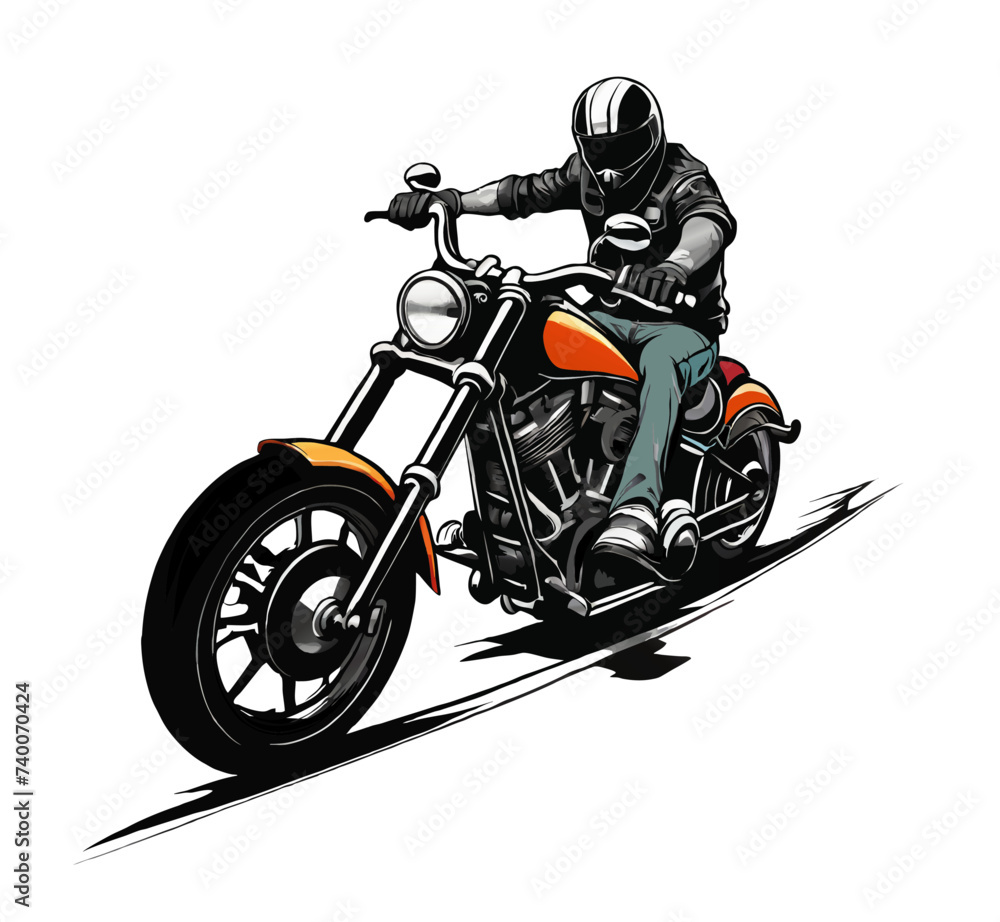 A detailed drawing of a man in a helmet and leather jacket riding a motorcycle on the road.vector design, against white background 