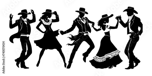 Group of People line dancing, black vector design, against white background 