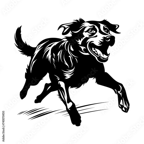 A black Labrador dog running energetically in a field, showcasing its agility and speed black vector design, against white background 