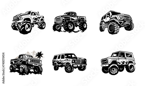 A group of monster trucks are lined up in black and white, showcasing their massive size and powerful design, black vector design, again white background 