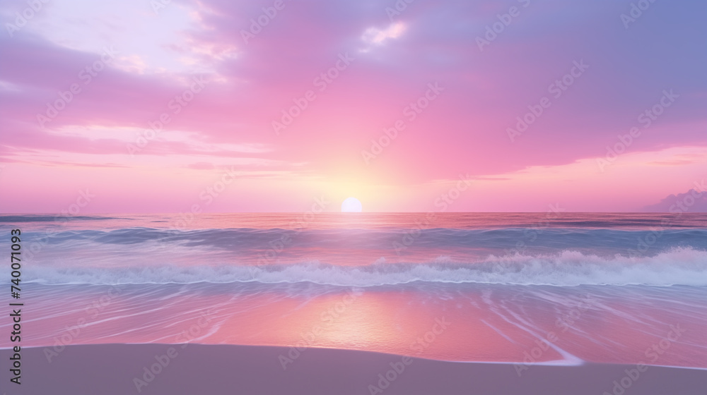 beautiful holographic sunset over a sandy beach and ocean, clean blank stage, product display montage - obrazy, fototapety, plakaty 