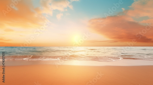 beautiful orange sunset over a sandy beach and ocean, clean blank stage, product display montage