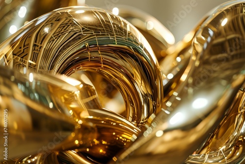 Close-up of a golden tuba's curves reflecting light and patterns.