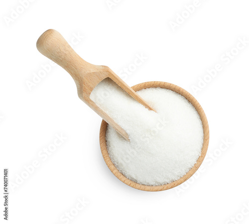 Granulated sugar in bowl and scoop isolated on white, top view