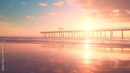 beautiful holographic sunset over a sandy beach with a pier and ocean  clean blank stage  product display montage