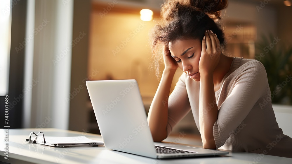 Stressed woman working from home at laptop in kitchen Stressed woman working from home at laptop in kitchen