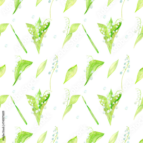 A set of seamless patterns watercolor lilies of the valley hand drawn illustration of spring flowers highlighted
