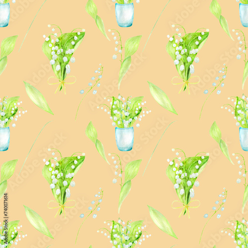 A set of seamless patterns watercolor lilies of the valley hand drawn illustration of spring flowers highlighted