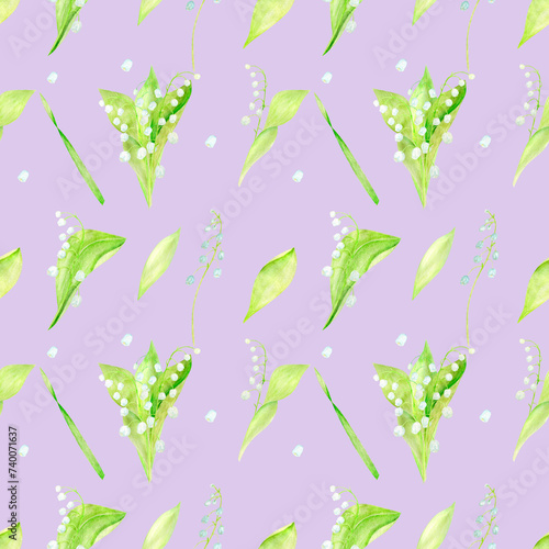 A set of seamless patterns watercolor lilies of the valley hand drawn illustration of spring flowers highlighted
