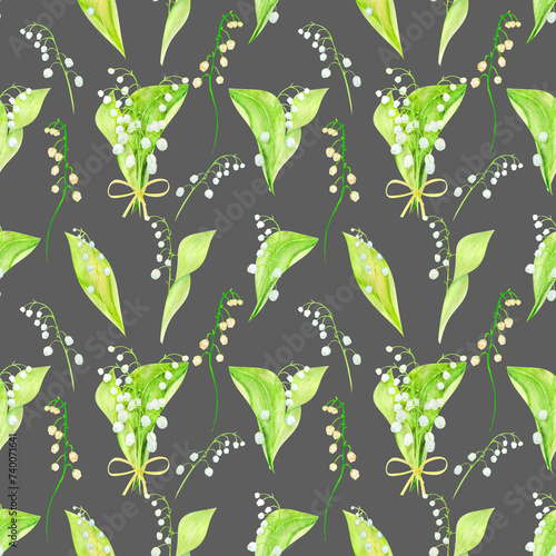 A set of seamless patterns watercolor lilies of the valley hand drawn illustration of spring flowers highlighted